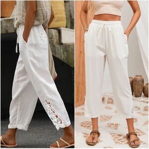 White Lace Detail Stretchy Waist Pockets Pants S M L XL XXL
